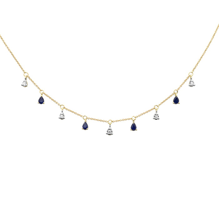 SPECIAL! .93ct G SI 14K Yellow Gold Diamond & Blue Sapphire Gemstones Pendant Necklace 16+2" Ext Long