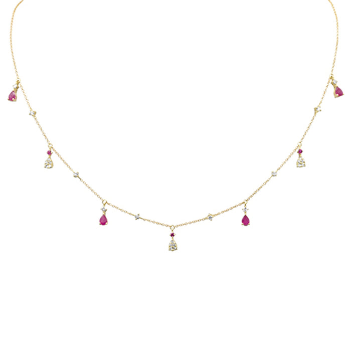 SPECIAL! .35ct G SI 14K Yellow Gold Diamond & Ruby Gemstone Dangling Pendant Necklace 16" +2" EXT