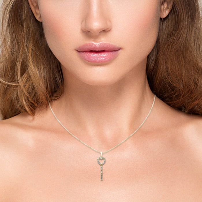 .08ct G SI 14K Yellow Gold Diamond Heart Key Pendant 18" Chain