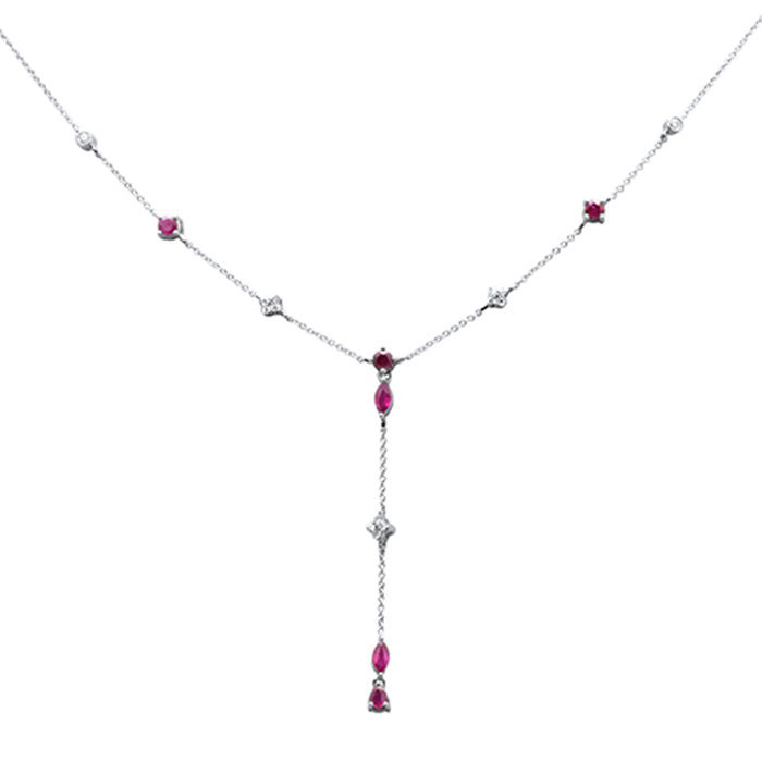 GEMSTONE CLOSEOUT! 1.14ct G SI 14K White Gold Diamond & Ruby Gemstone Lariat Pendant Necklace 16" +2" EXT