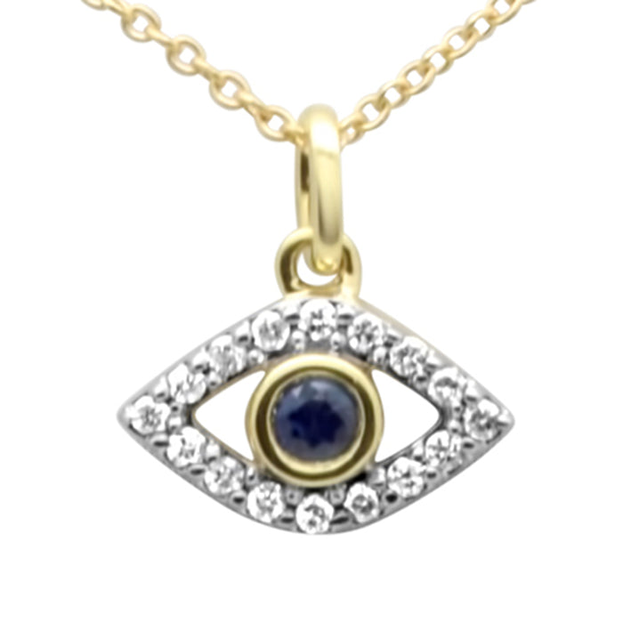SPECIAL! .18ct G SI 14K Yellow Gold Diamond & Blue Sapphire Gemstones Evil Eye Pendant Necklace 16 + 2" Long