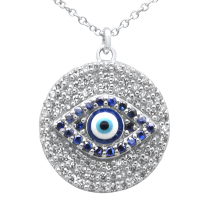 SPECIAL! .48ct G SI 14K White Gold Diamond & Blue Sapphire Gemstone Round Evil Eye Pendant Necklace 16" + 2" Ext.