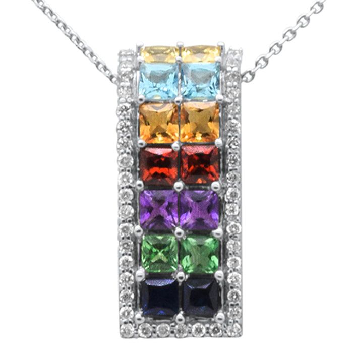 DIAMOND CLOSEOUT! 2.88ct G SI 14K White Gold Diamond & Multi Color Gemstone Pendant Necklace 16" + 2" Ext.