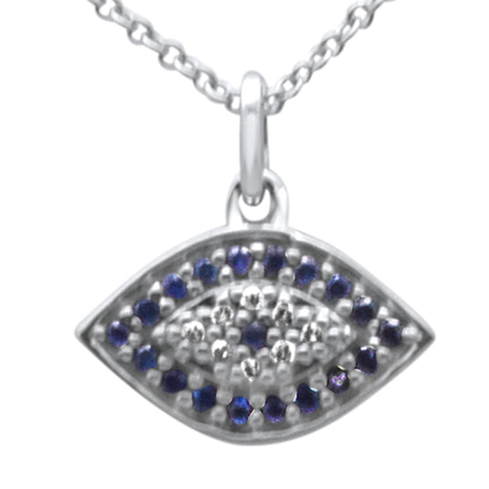 DIAMOND CLOSEOUT! .20ct G SI 14K White Gold Diamond & Blue Sapphire Gemstone Evil Eye Pendant Necklace 16+2" Long