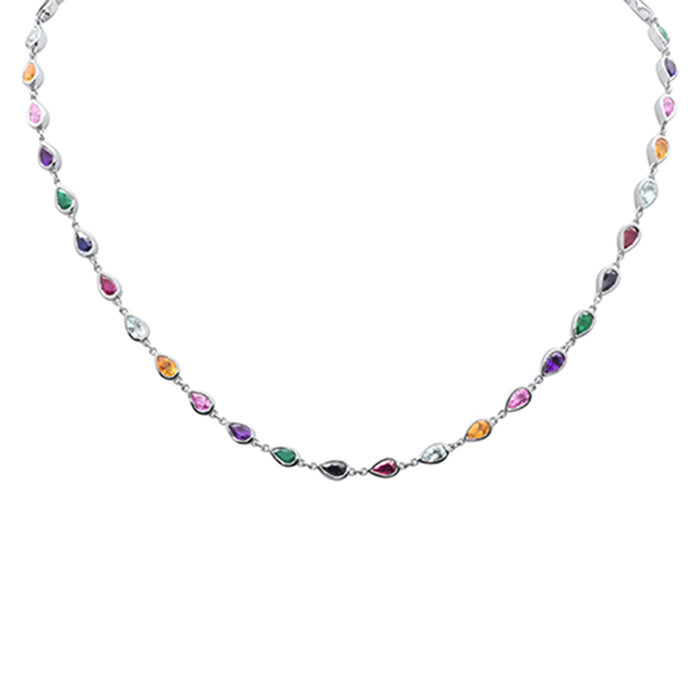GEMSTONE CLOSEOUT! 6.99ct G SI 14K White Gold Bezel Set Multi Color Gemstones Pendant Necklace 16" Long