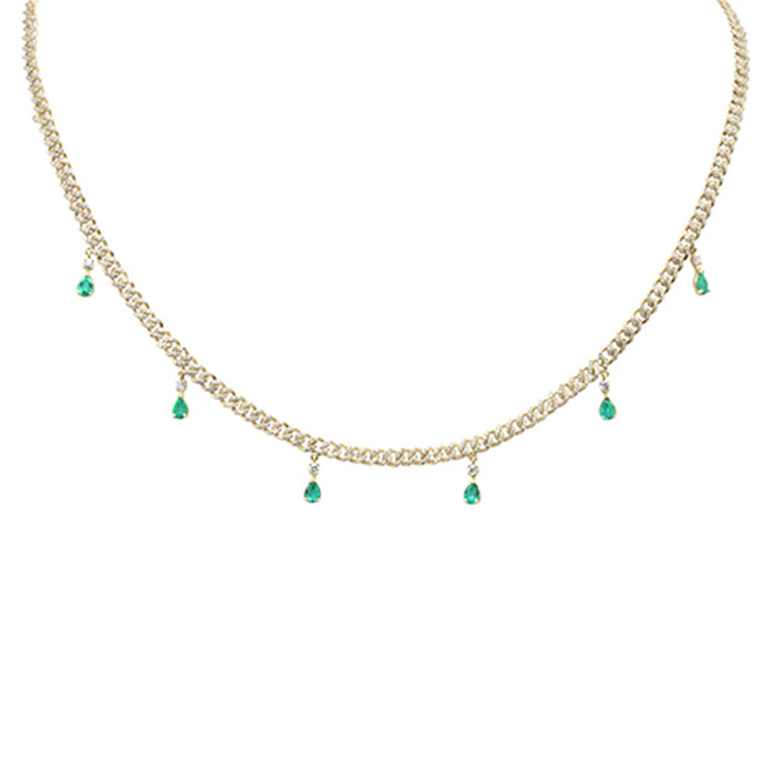 SPECIAL! 2.22ct G SI 14K Yellow Gold Diamond & Emerald Gemstone Dangling Cuban Necklace 12" + 4" EXT
