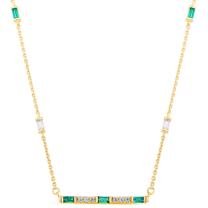 SPECIAL! .40ct G SI 14K Yellow Gold Diamond & Emerald Gemstone Bar Pendant Necklace 18" Long