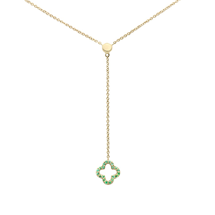 DIAMOND CLOSEOUT! .08ct G SI 14K Yellow Gold Emerald Gemstone Clover Lariat Pendant Necklace 16" Long