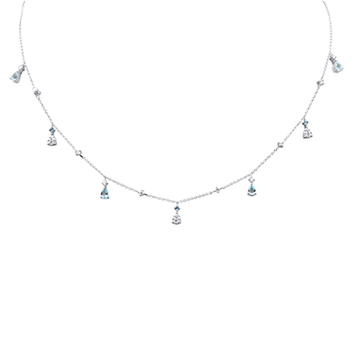 SPECIAL! .92ct G SI 14K White Gold Diamond & Aquamarine Gemstone Dangling Pendant Necklace 16" + 2" Ext