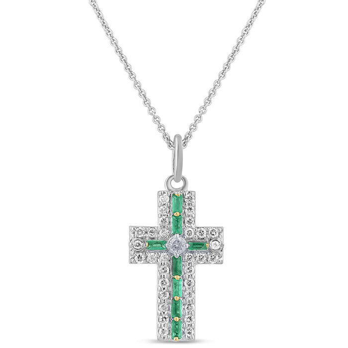 DIAMOND CLOSEOUT! .35ct G SI 14K White Gold Diamond & Emerald Gemstone Cross Pendant Necklace 16" + 2" Ext