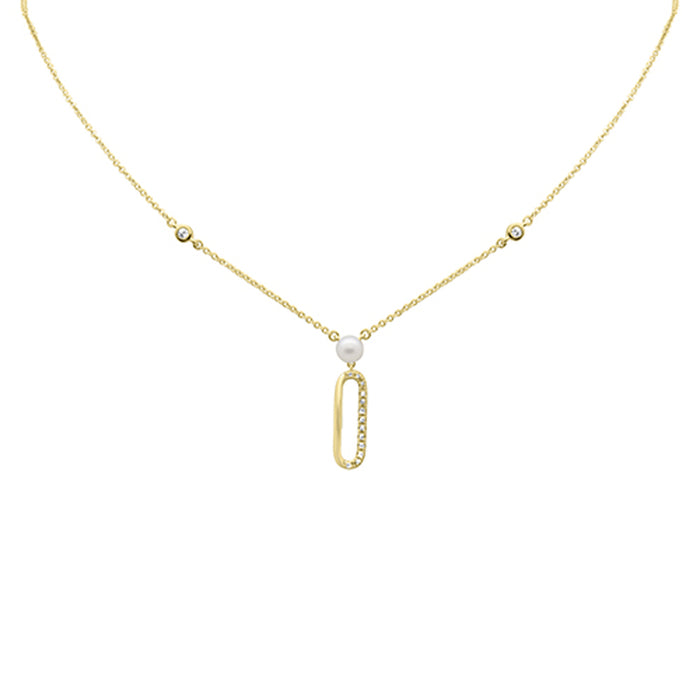 DIAMOND CLOSEOUT! .08ct G SI 14K Yellow Gold Diamond Paperclip & Pearl Pendant Necklace 16" + 2" EXT
