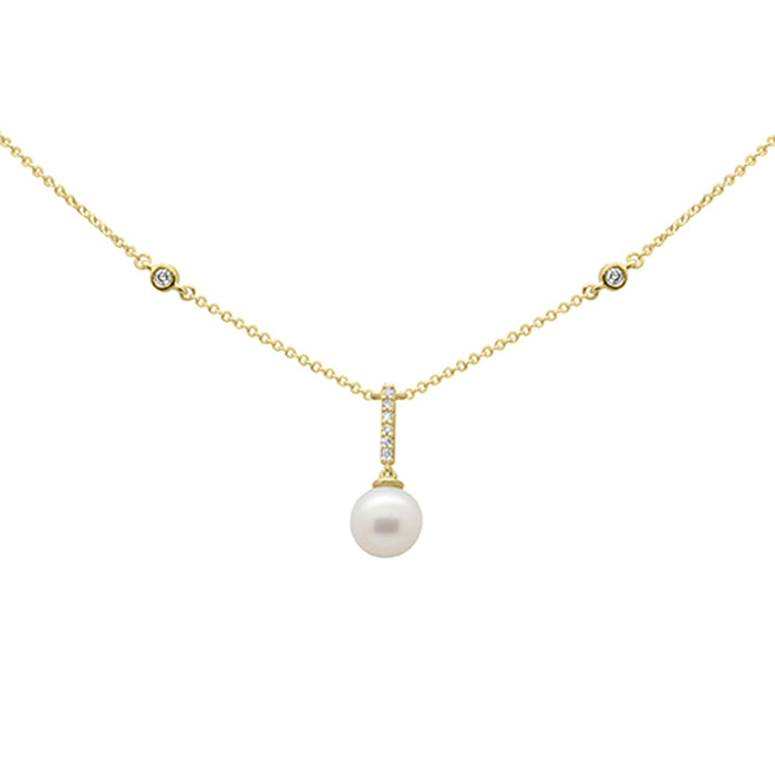 DIAMOND CLOSEOUT! .08ct G SI 14K Yellow Gold Diamond Dangling Pearl Pendant Necklace 16" + 2" EXT