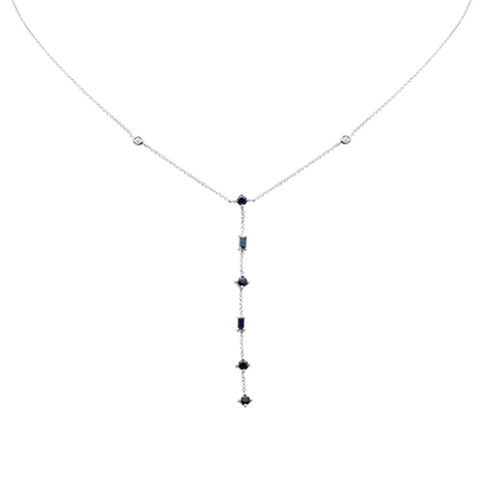 SPECIAL! .90ct G SI 14K White Gold Diamond & Blue Sapphire Gemstone Lariat Necklace 16" Long