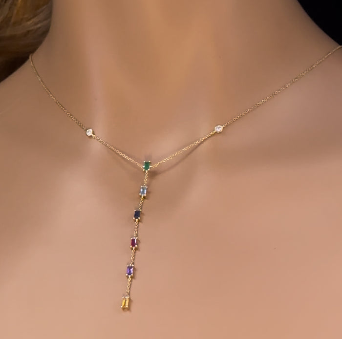 GEMSTONE CLOSEOUT! .67ct G SI 14K White Gold Diamond & Multi Color Lariat Necklace 16 + 2" Ext