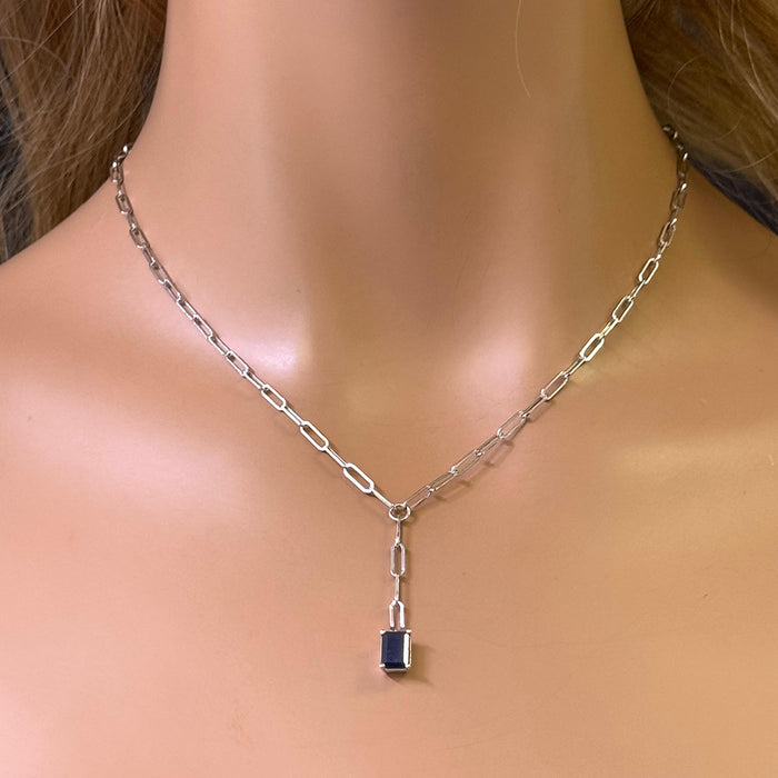 DIAMOND CLOSEOUT! .90ct G SI 14K White Gold Natural Blue Sapphire Gemstone Paperclip Necklace 14 + 2" Ext