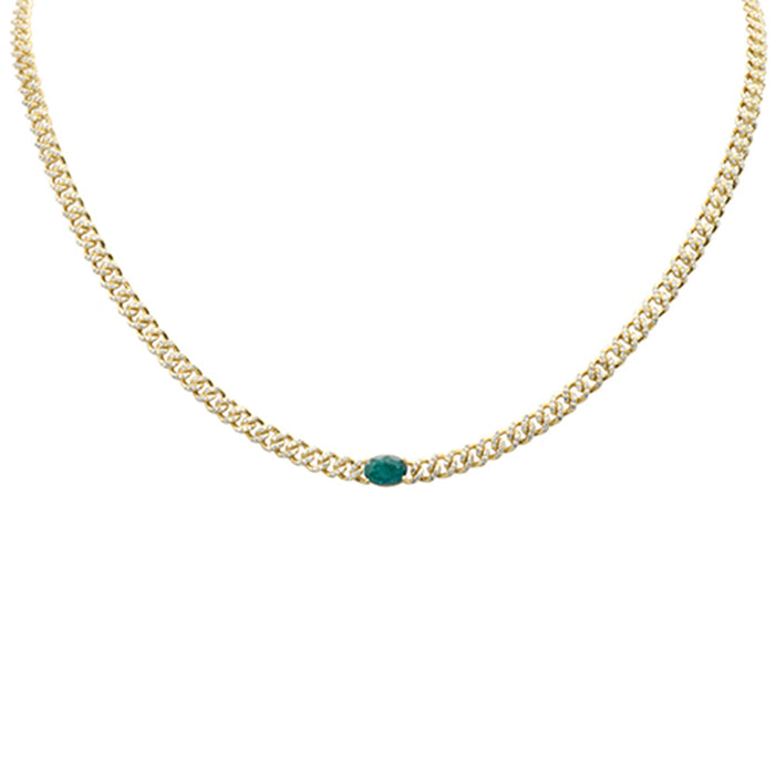 SPECIAL! 1.68ct G SI 14K Yellow Gold Oval Shaped Emerald Gemstone & Diamond Cuban Necklace 13+3" Long