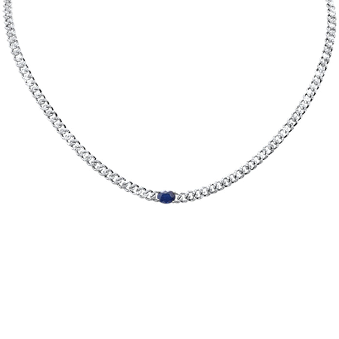 GEMSTONE CLOSEOUT! 1.83ct G SI 14K White Gold Oval Shaped Blue Sapphire Gemstone & Diamond Cuban Necklace 13+3" Long