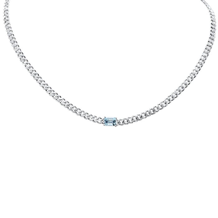 SPECIAL! 2.19ct G SI 14K White Gold Aquamarine Gemstone & Diamond Cuban Necklace 13+3" Long