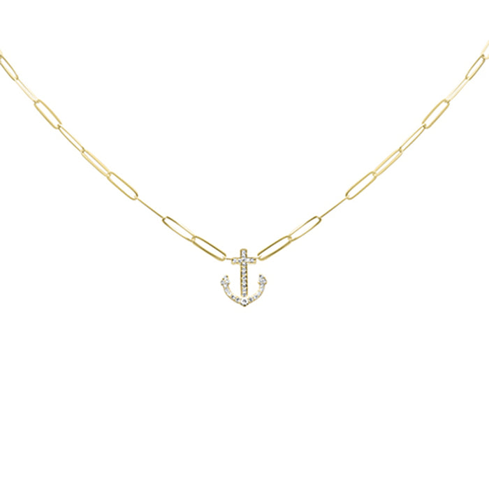 SPECIAL! .22ct G SI 14K Yellow Gold Diamond Anchor Pendant Paperclip Necklace 18" Long