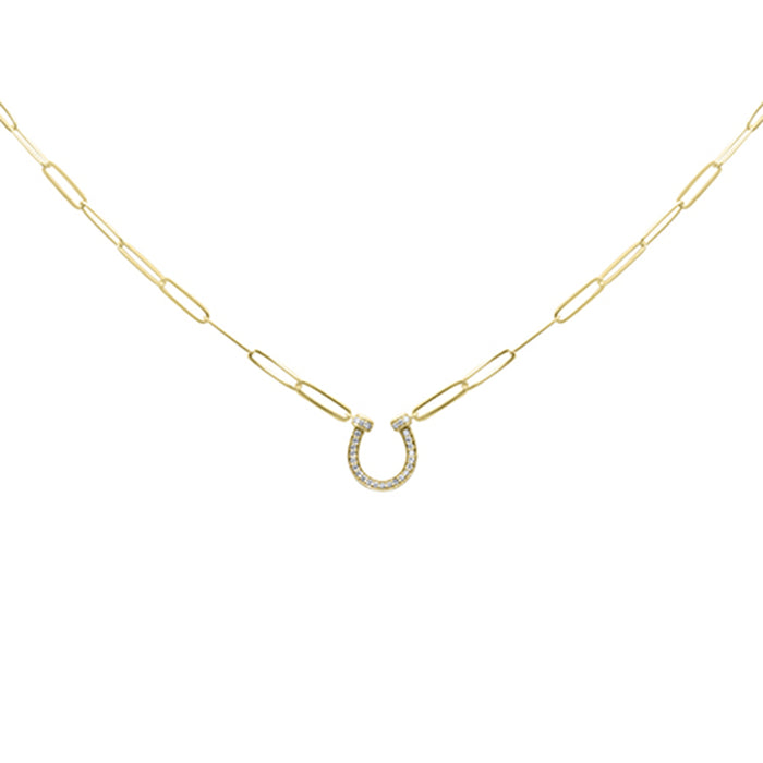 SPECIAL! .13ct G SI 14K Yellow Gold Diamond Horse Shoe Pendant Paperclip Necklace 18" Long