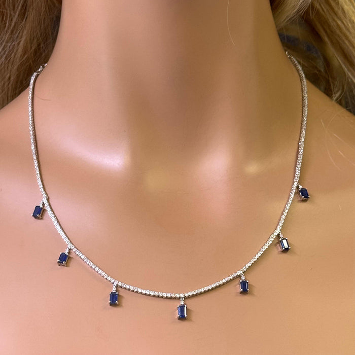 SPECIAL! 3.73ct G SI 14K White Gold Diamond & Blue Sapphire Tennis Necklace 13" + 6" EXT
