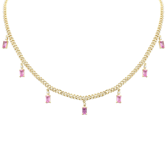 DIAMOND CLOSEOUT! 3.47ct G SI 14K Yellow Gold Diamond & Pink Sapphire Cuban Link Necklace 12" + 4" EXT