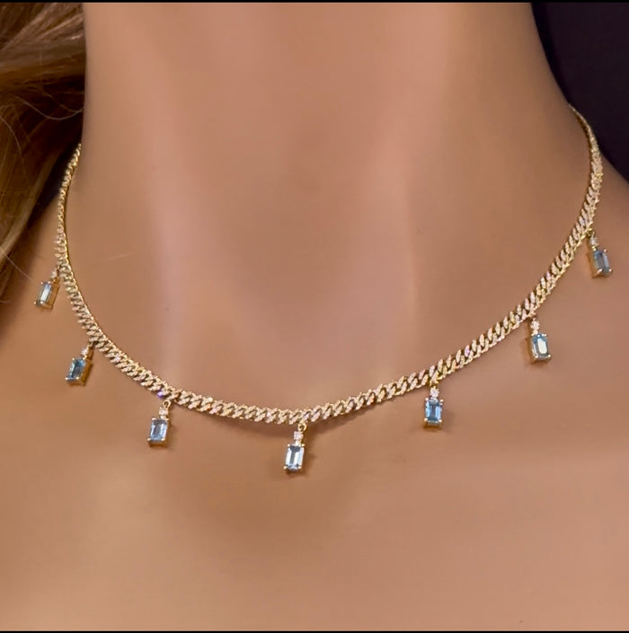 DIAMOND CLOSEOUT! 3.80ct G SI 14K Yellow Gold Diamond & Aquamarine Cuban Link Necklace 12" + 4" EXT