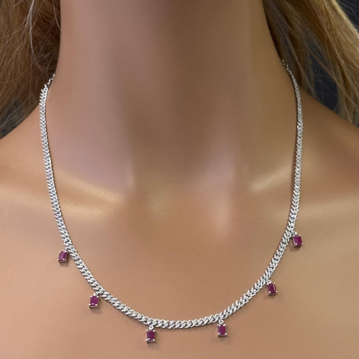 DIAMOND CLOSEOUT! 3.10ct G SI 14K White Gold Diamond & Ruby Cuban Link Necklace 13" + 6" EXT