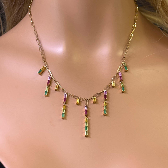 GEMSTONE CLOSEOUT! 4.35ct G SI 14K Yellow Gold Multi Color Gemstone Dangling Paper Clip Necklace 16" + 2" EXT