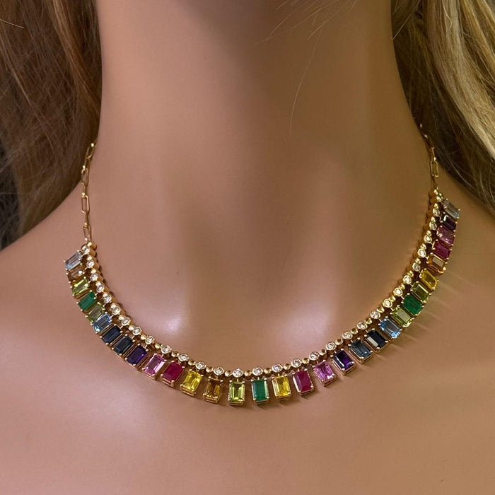 DIAMOND CLOSEOUT! 22.86ct G SI 14K Yellow Gold Diamond & Multi Color Gemstone Necklace 14" + 2" EXT