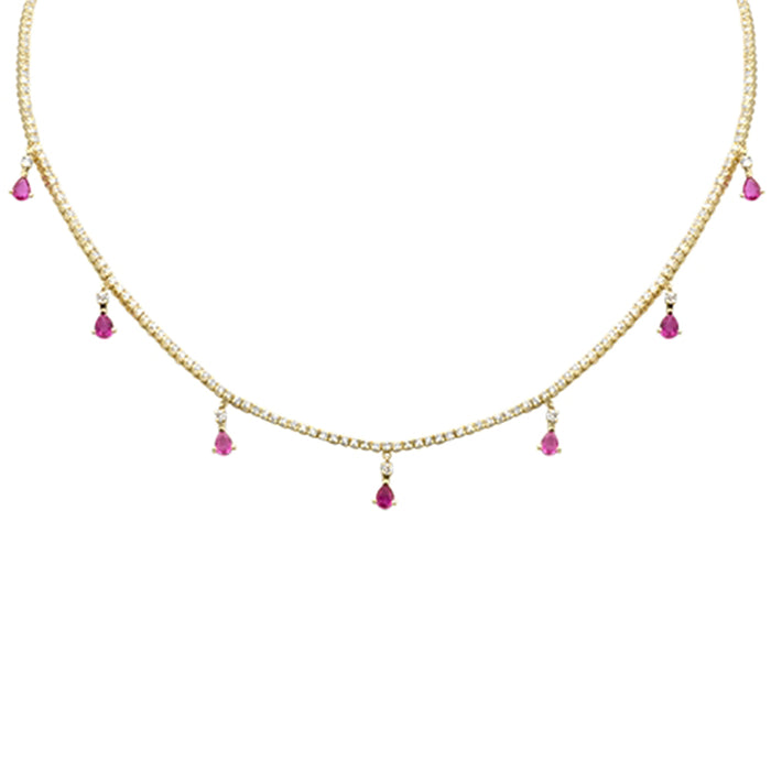 SPECIAL! 3.41ct G SI 14K Yellow Gold Diamond & Pink Sapphire Tennis Necklace 14" + 2" EXT