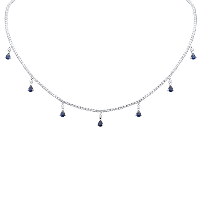 SPECIAL! 3.41ct G SI 14K White Gold Diamond & Blue Sapphire Gemstone Tennis Necklace 14" + 2" Long