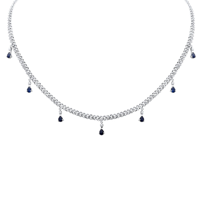 SPECIAL! 2.35CT G SI 14K White Gold Diamond & Blue Sapphire Gemstone Cuban Necklace 12" + 4" Long