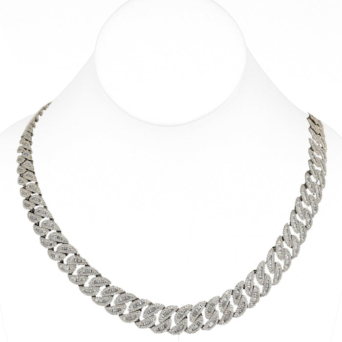 SPECIAL!11mm 14.05ct G SI 14K White Gold Baguette & Round Diamond Cuban Necklace 22"