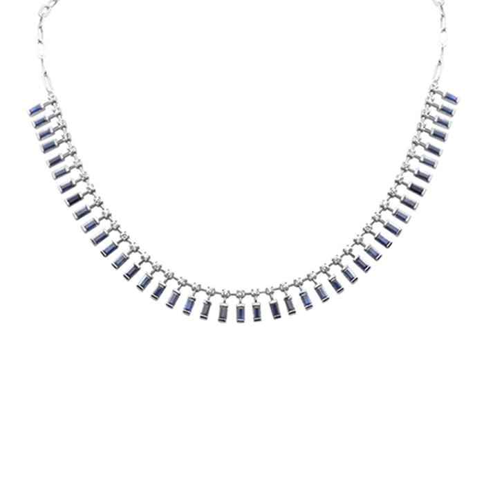SPECIAL! 7.02ct G SI 14K White Gold Diamond & Blue Sapphire Gemstones Pendant Necklace 14+2" Ext Long Chain