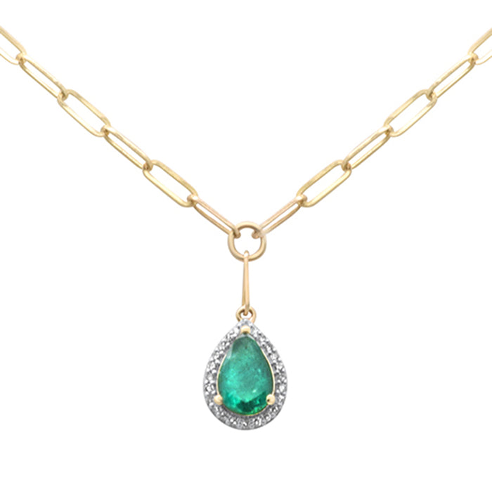 SPECIAL! 1.53ct G SI 14K Yellow Gold Diamond & Pear Shape Emerald Gemstones Paper Clip Pendant Necklace 15+2" Ext Long Chain