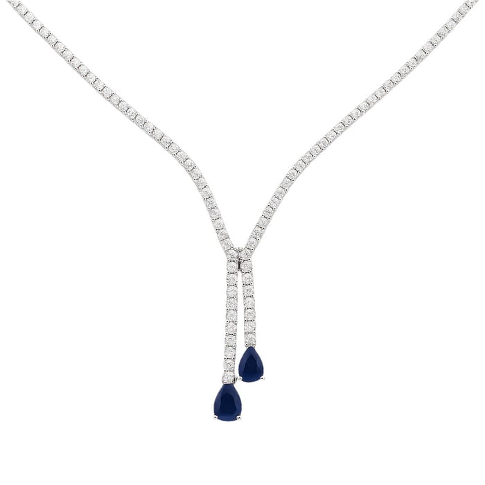 SPECIAL! 9.90ct G SI 14K White Gold Diamond & Blue Sapphire Tennis Lariat Drop Necklace 16+2" Ext Long