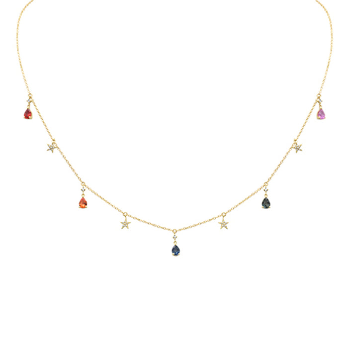 DIAMOND CLOSEOUT! .96ct G SI 14K Yellow Gold Diamond & Pear Shape Multi Sapphire Gemstones Pendant Necklace 16+2" Long