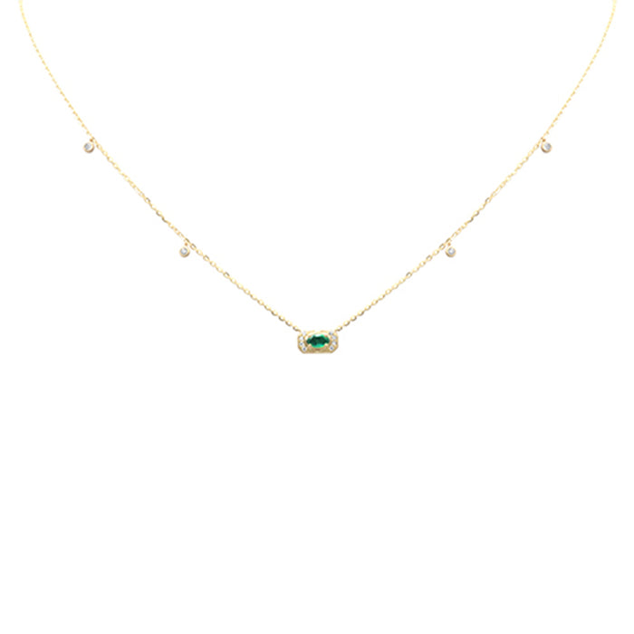 .10ct G SI 14K Yellow Gold Diamond & Emerald Gemstones Pendant Necklace 16+2" Long