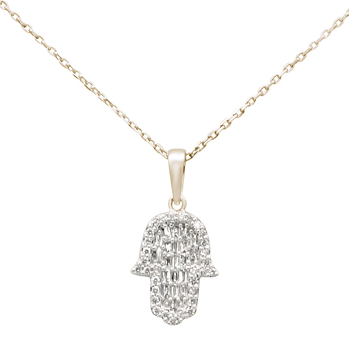 SPECIAL! .24ct G SI 14K Yellow Gold Diamond Round & Baguette Hamsa Pendant Necklace 18" Long
