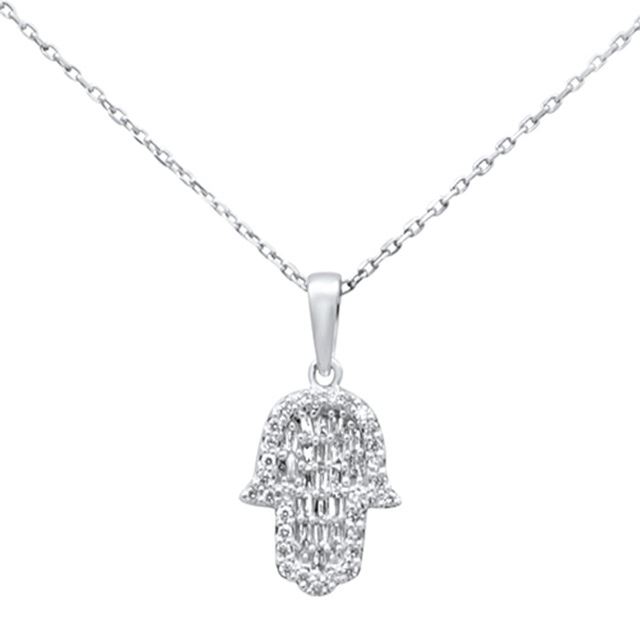 SPECIAL! .25ct G SI 14K White Gold Diamond Round & Baguette Hamsa Pendant Necklace 18" Long