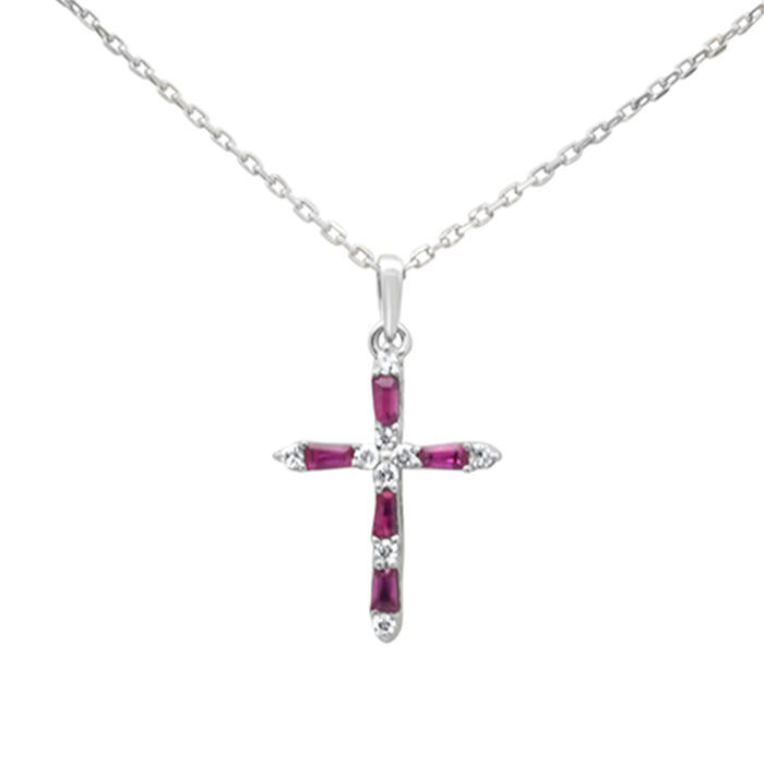 SPECIAL! .33ct G SI 14K White Gold Diamond & Ruby Gemstone Pendant Cross Necklace 18" Long