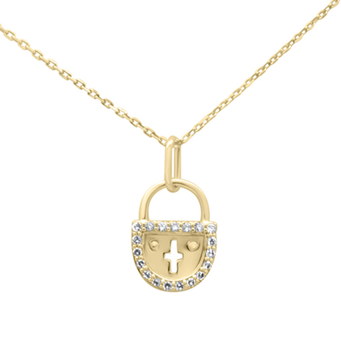 .15ct G SI 14K Yellow Gold Diamond Lock Pendant Necklace 18" Long Chain