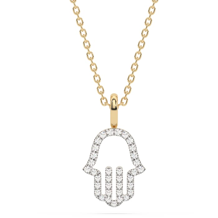 .20ct G SI 14K Yellow Gold Diamond Hand of Hamsa Pendant Necklace 18" Long Chain