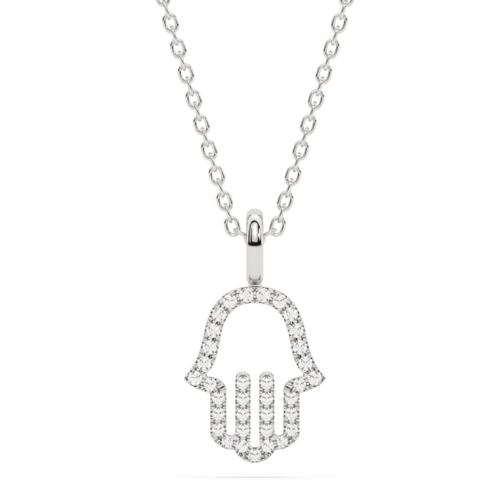 .08ct G SI 14K White Gold Diamond Hamsa Pendant Necklace 18" Long Chain