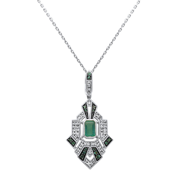 SPECIAL! .89ct G SI 14K White Gold Diamond & Emerald Gemstones Geometric Pendant Necklace 18" Long Chain
