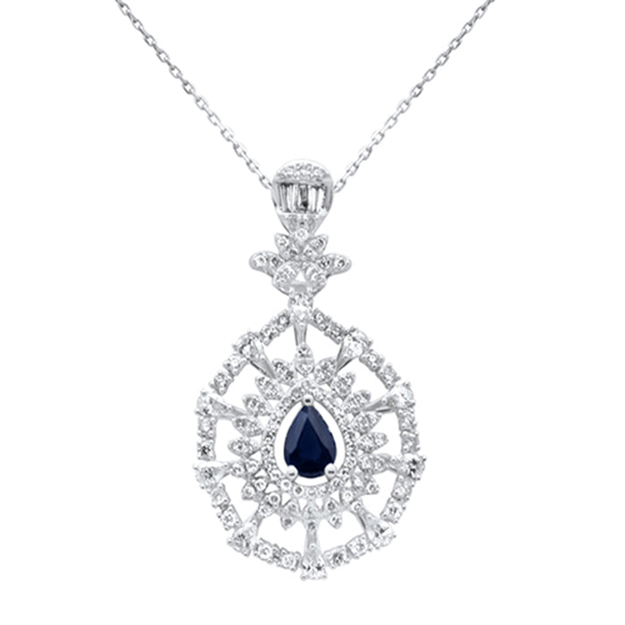 SPECIAL! 2.67ct G SI 14K White Gold Pear Shape Diamond & Blue Sapphire Gemstones Pendant Necklace 18" Long Chain