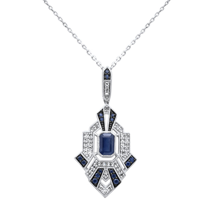 SPECIAL! 1.22ct G SI 14K White Gold Diamond & Blue Sapphire Gemstones Geometric Pendant Necklace 18" Long Chain