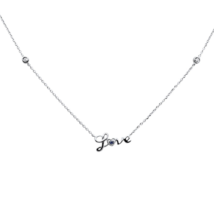 DIAMOND CLOSEOUT! .07ct G SI 14K White Gold Diamond & Blue Sapphire Gemstones "Love" Pendant Necklace 16+2" Ext Long