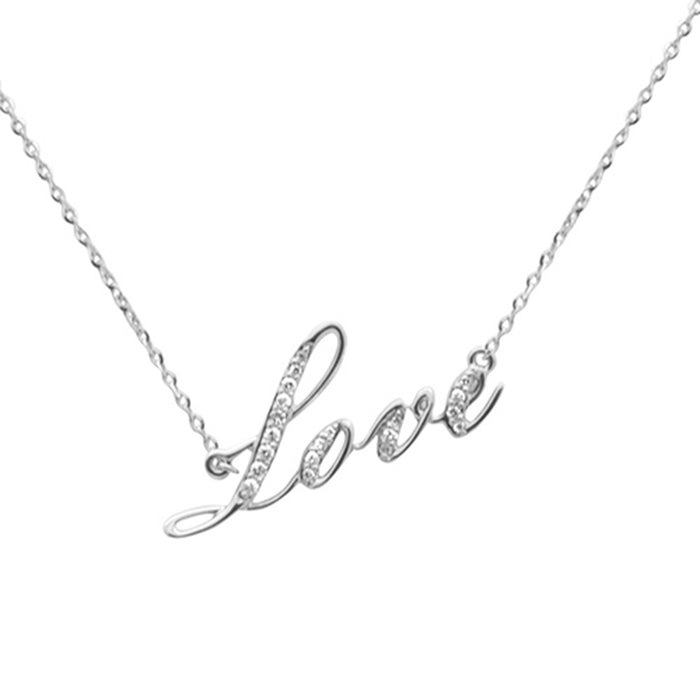 .08ct G SI 14K White Gold Diamond " Love" Pendant Necklace 14+2" Ext Long
